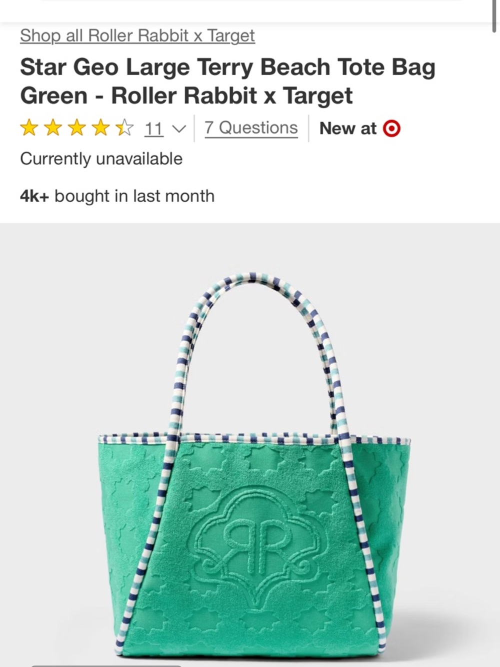 Roller Rabbit Green Star Geo Terry Tote with Striped Trim
